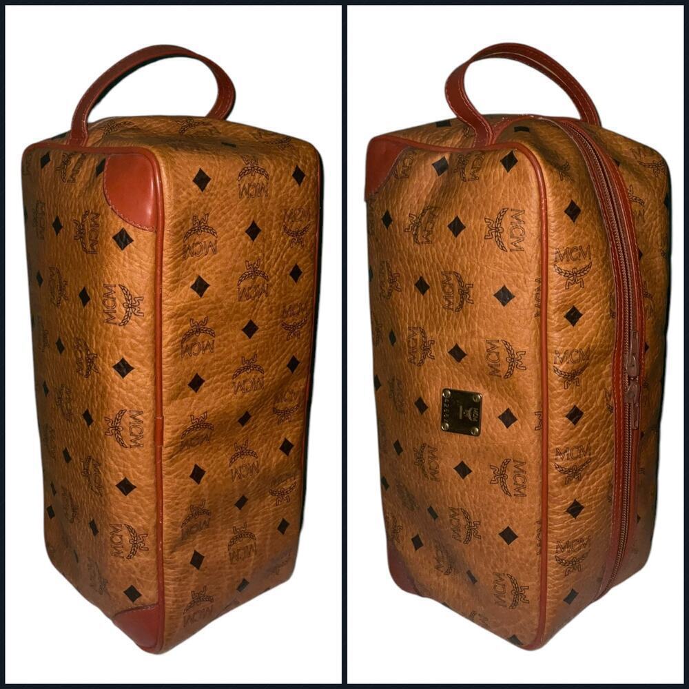 MCM Vintage Visetos Monogram Canvas Toiletry Barrel Bag Nappa Leather Trim - Picture 8 of 16
